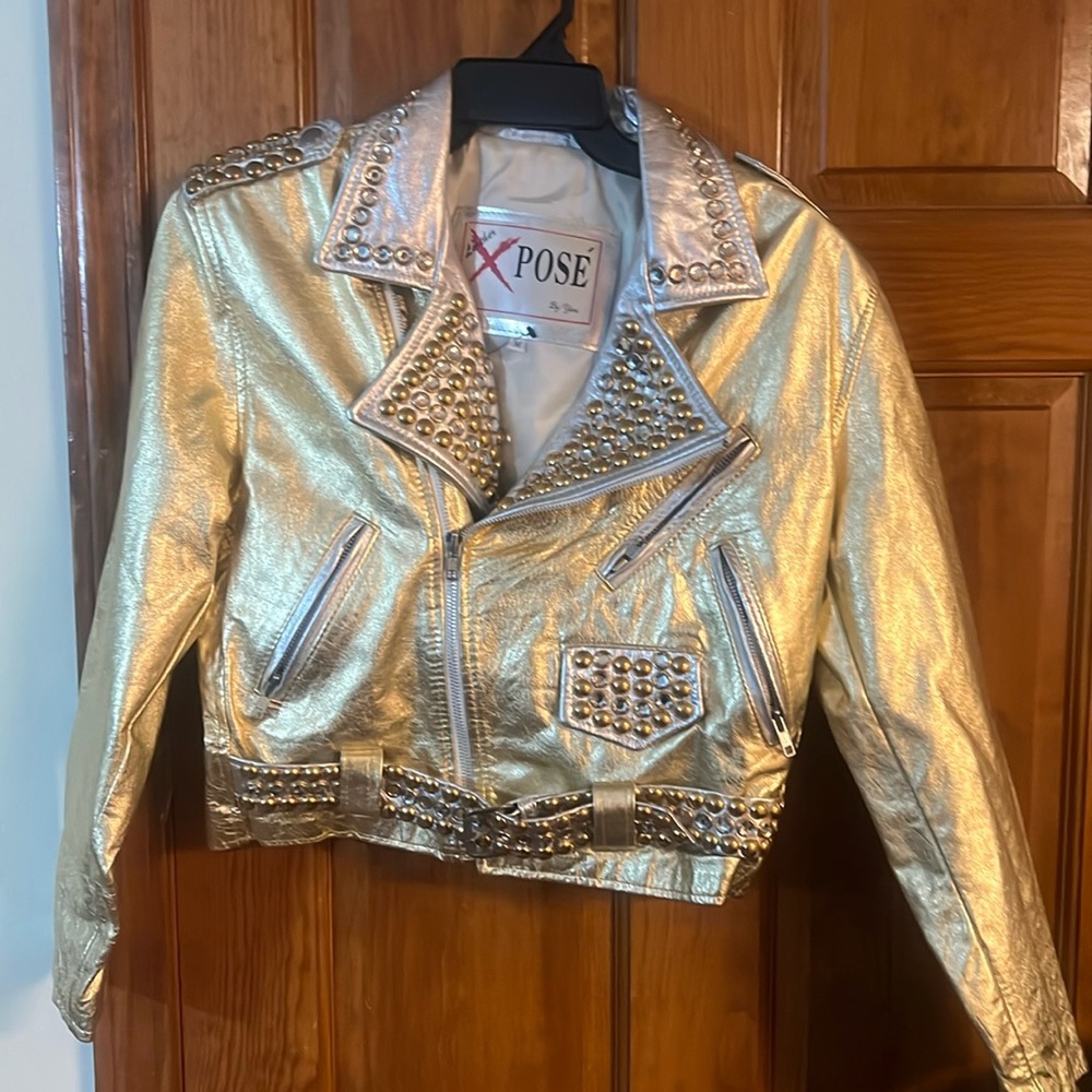 New Pose Leather Rhinestone Gold Stads Buker Jacket M Unique